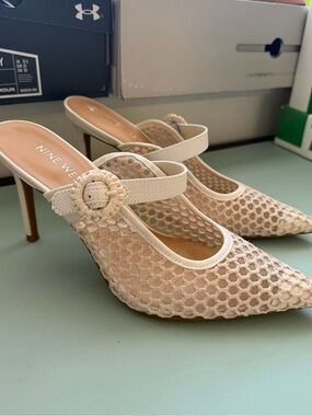 Nine West Beige Woven Mary Jane Pointed Toe Mules